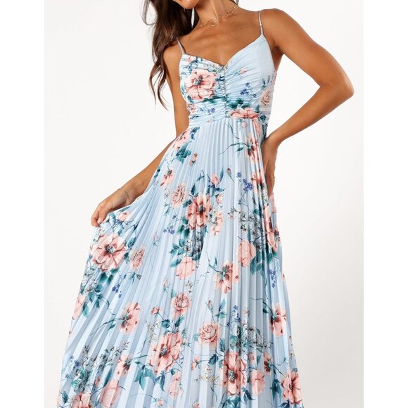 Women's A-blue Floral Polyester Pleated Adjustable Spaghetti Strap Maxi Dress - Picture 6 of 6